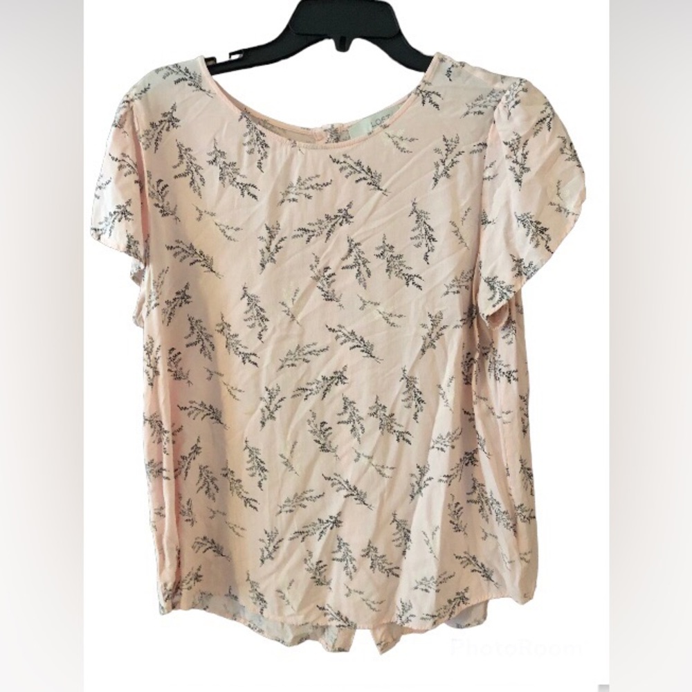 PRICE CUT LOFT blouse, pale pink black grey floral print, Cap sleeves, L